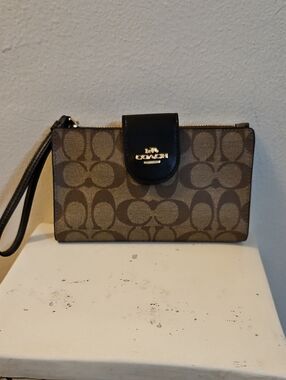 Coach Brown and Black Signature Canvas Phone Wristlet
